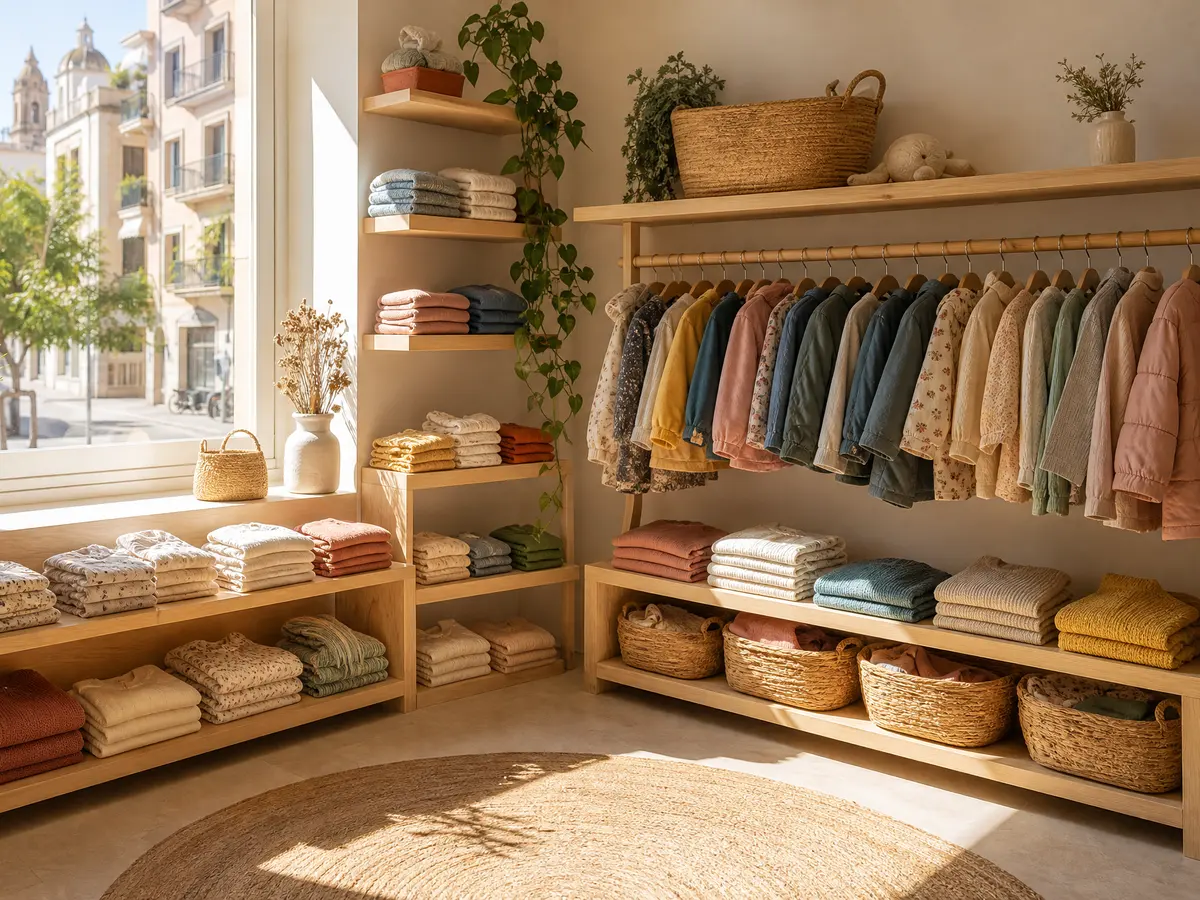 Estanterías de la tienda de Calle Granada con ropa infantil doblada por tallas